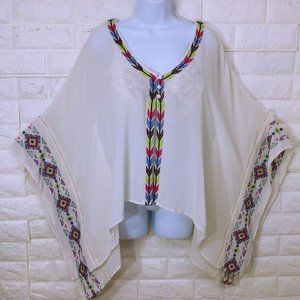 Chelsea Violet Sheer Poncho Top -M Kimono Sleeve 3-Button Boho Aztec Embroidered
